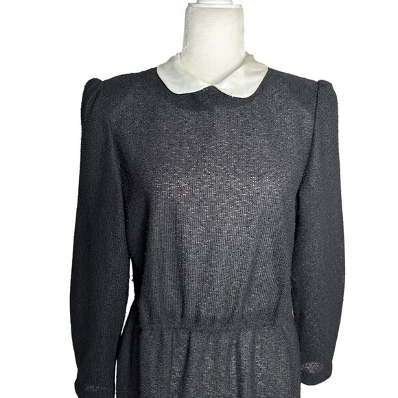Vintage 70s Long Sleeve Knit Dress Medium Sheer Black Peter Pan Collar Zipper - Picture 2 of 9